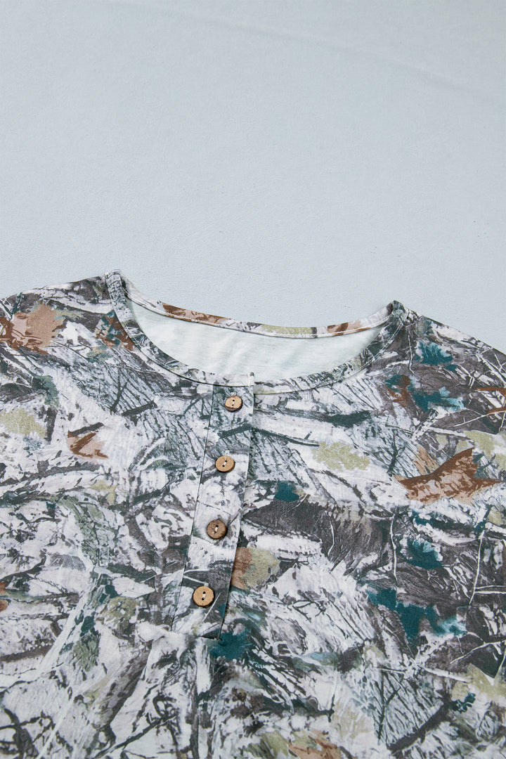 Gray Abstract Woodland Print Tunic Henley T Shirt
