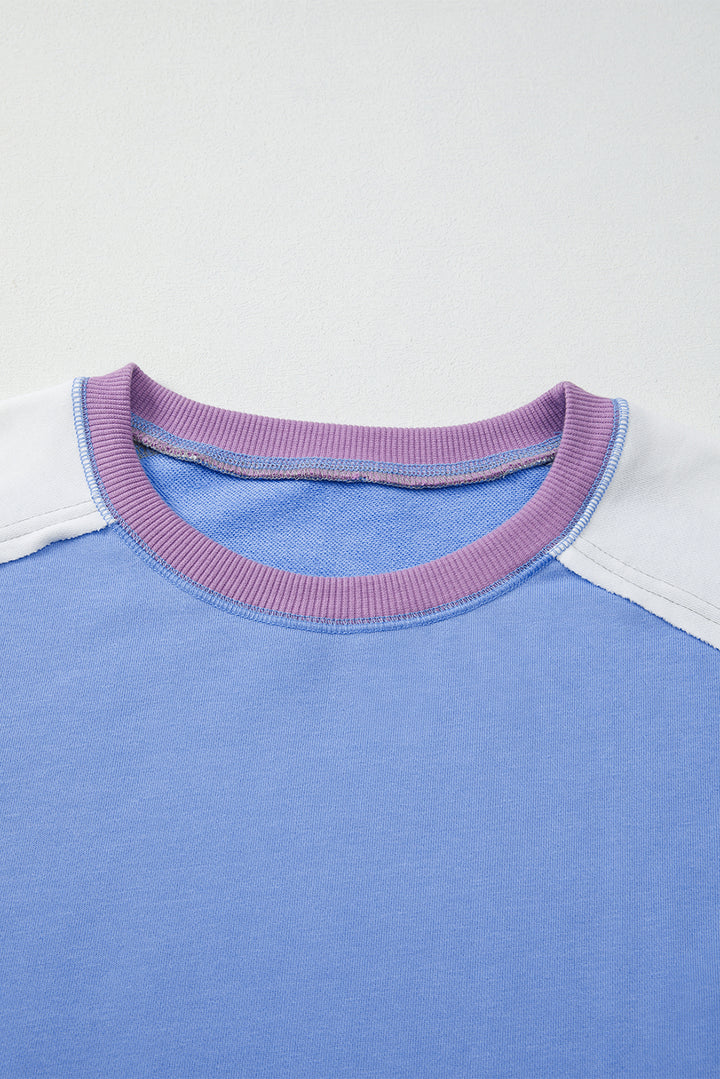 Blue Exposed Seam Colorblock Patchwork Ribbed Trim Pullover Sweatshirt