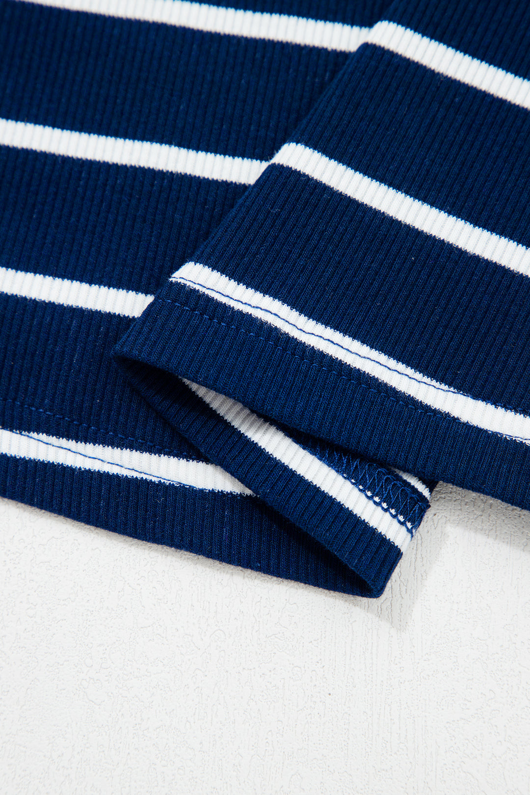 Blue Stripe Stand Collar V Neck Elastic Cuffs Half Sleeve Dolman Top