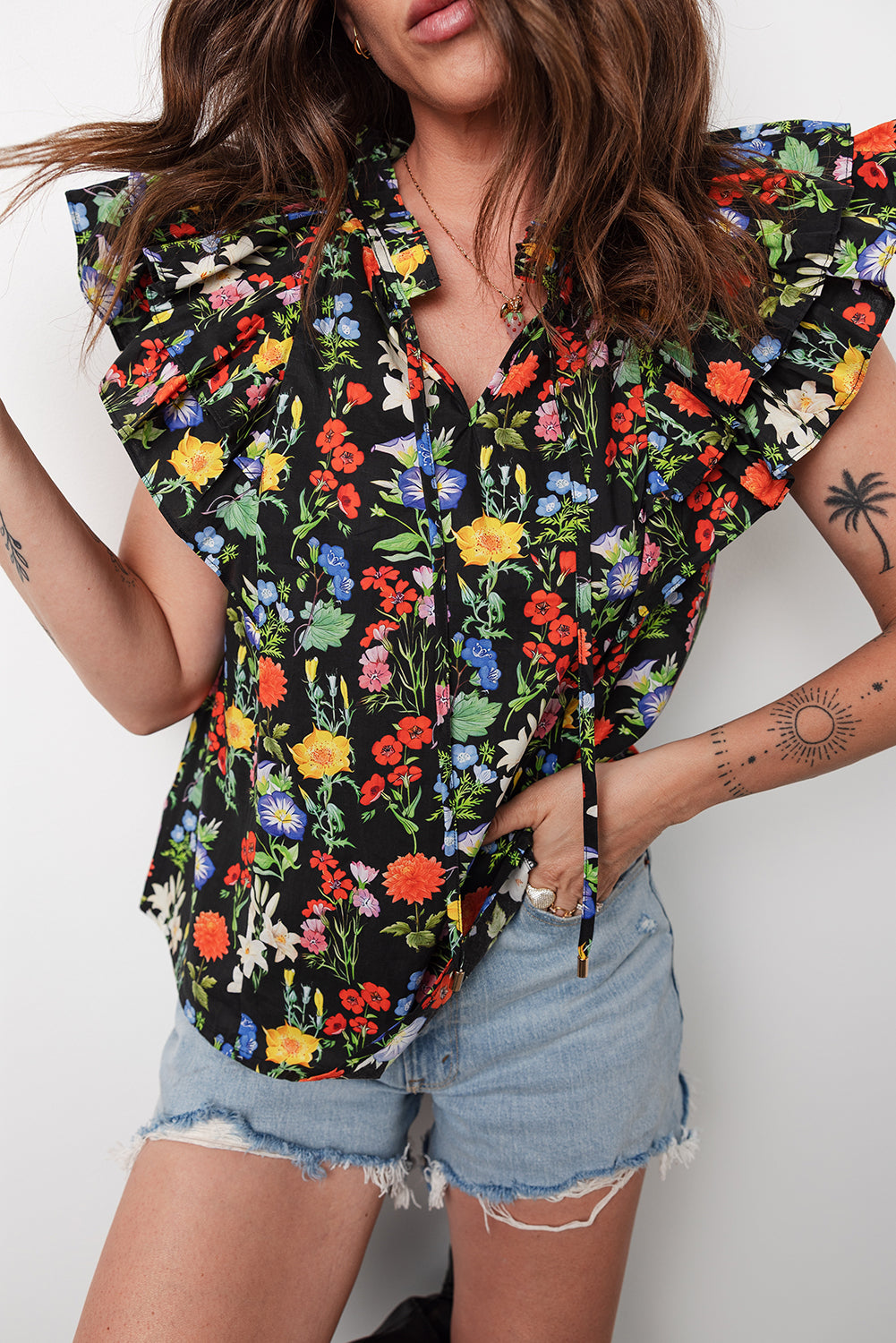 Tiered Flutter Sleeve V Neck Flower Blouse