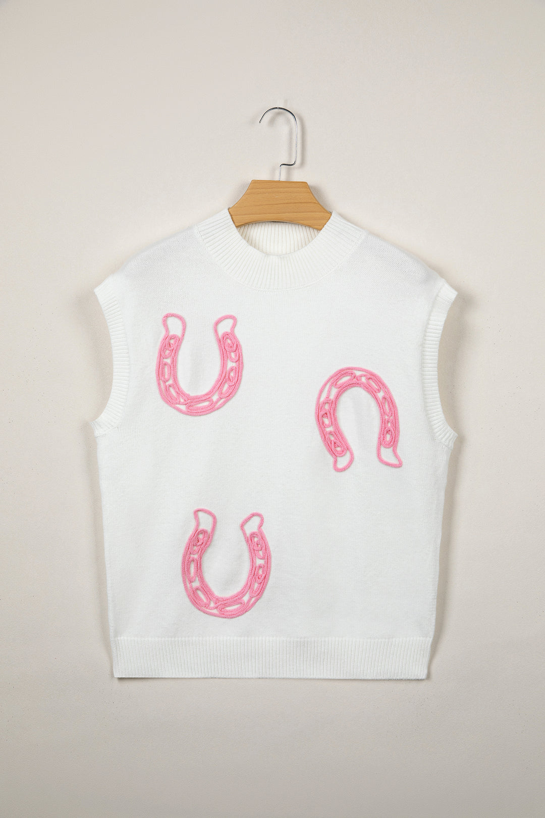 White Corded Horseshoes Ribbed Trim Mock Neck Short Sleeve Sweater