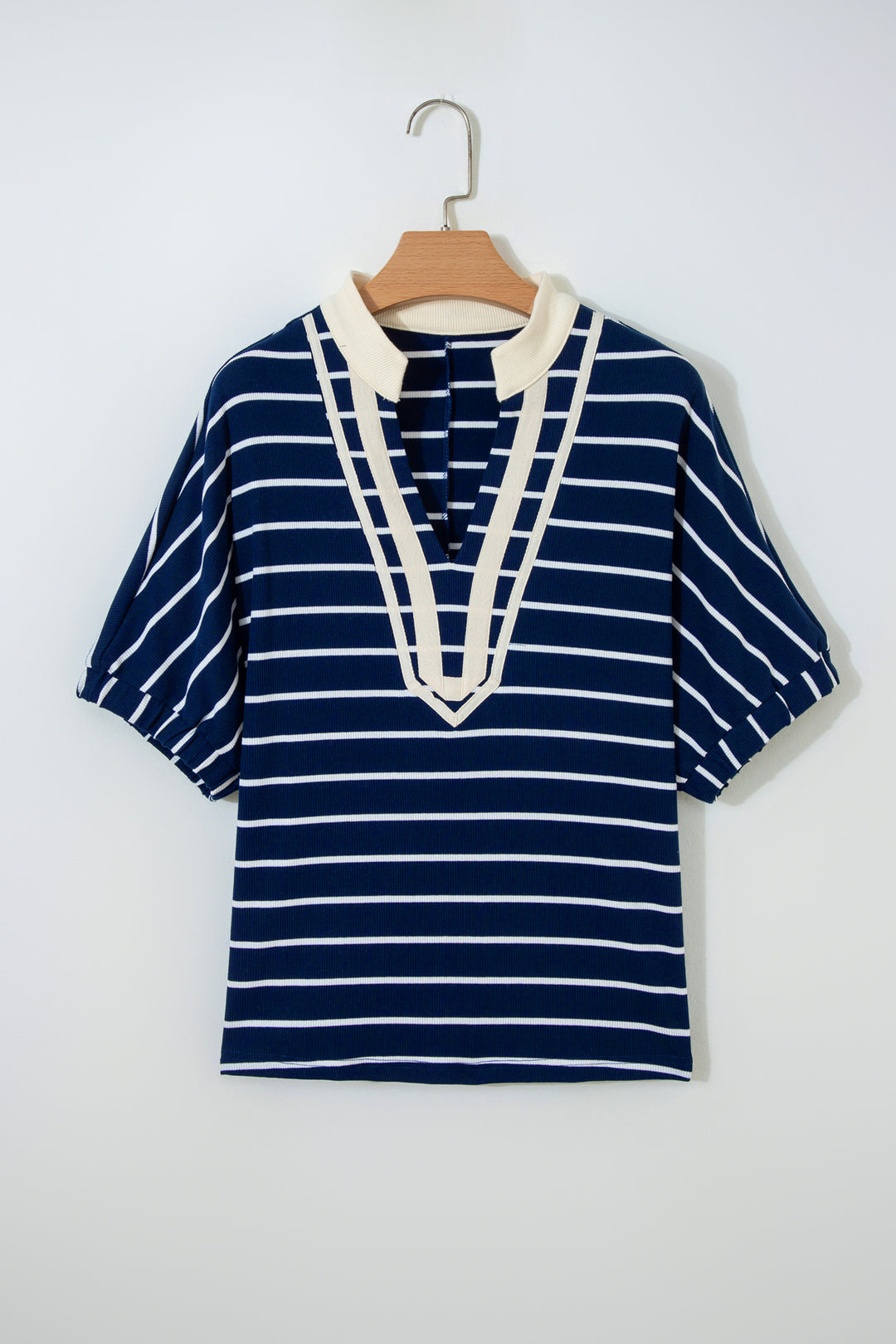 Blue Stripe Stand Collar V Neck Elastic Cuffs Half Sleeve Dolman Top