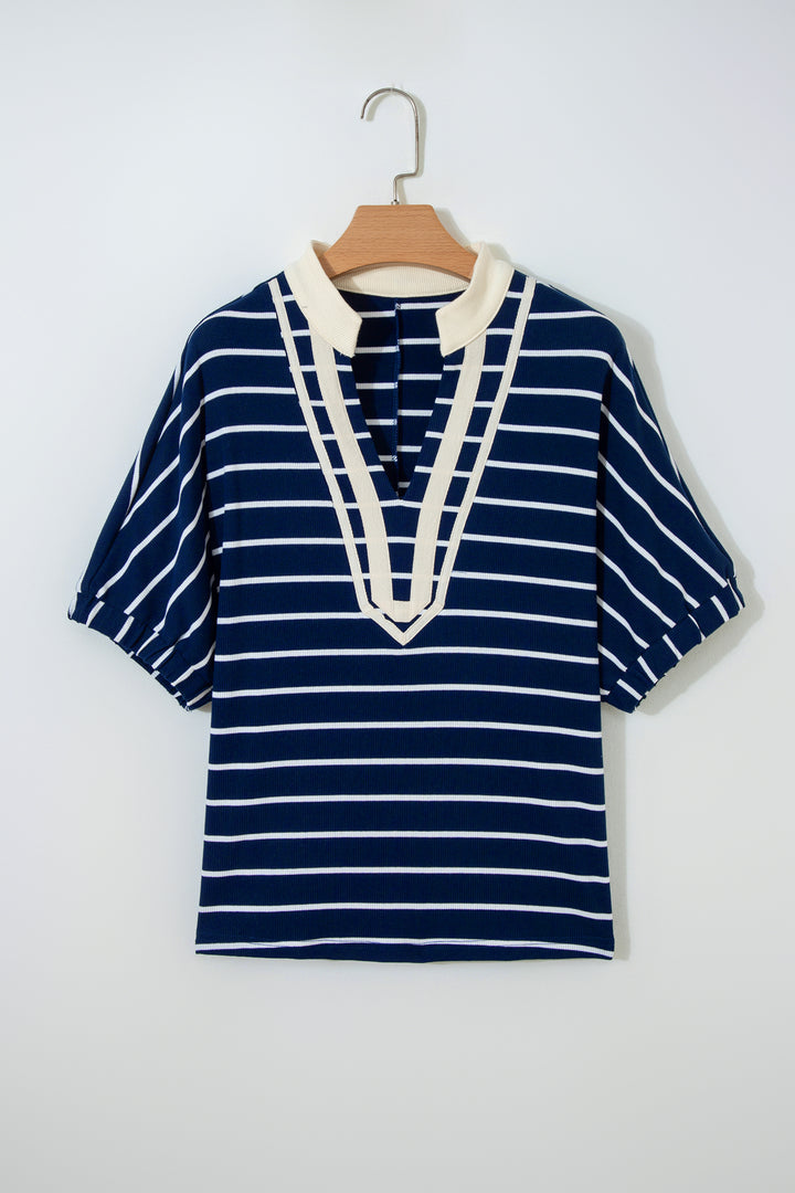 Blue Stripe Stand Collar V Neck Elastic Cuffs Half Sleeve Dolman Top
