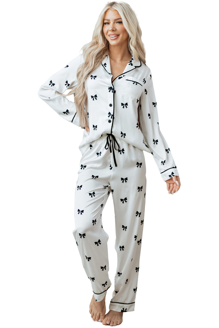 White Bows Print Two Piece Sleepwear