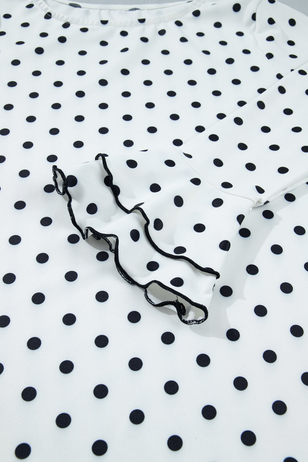 Black Polka Dot Print Lettuce Trim Long Sleeve Top