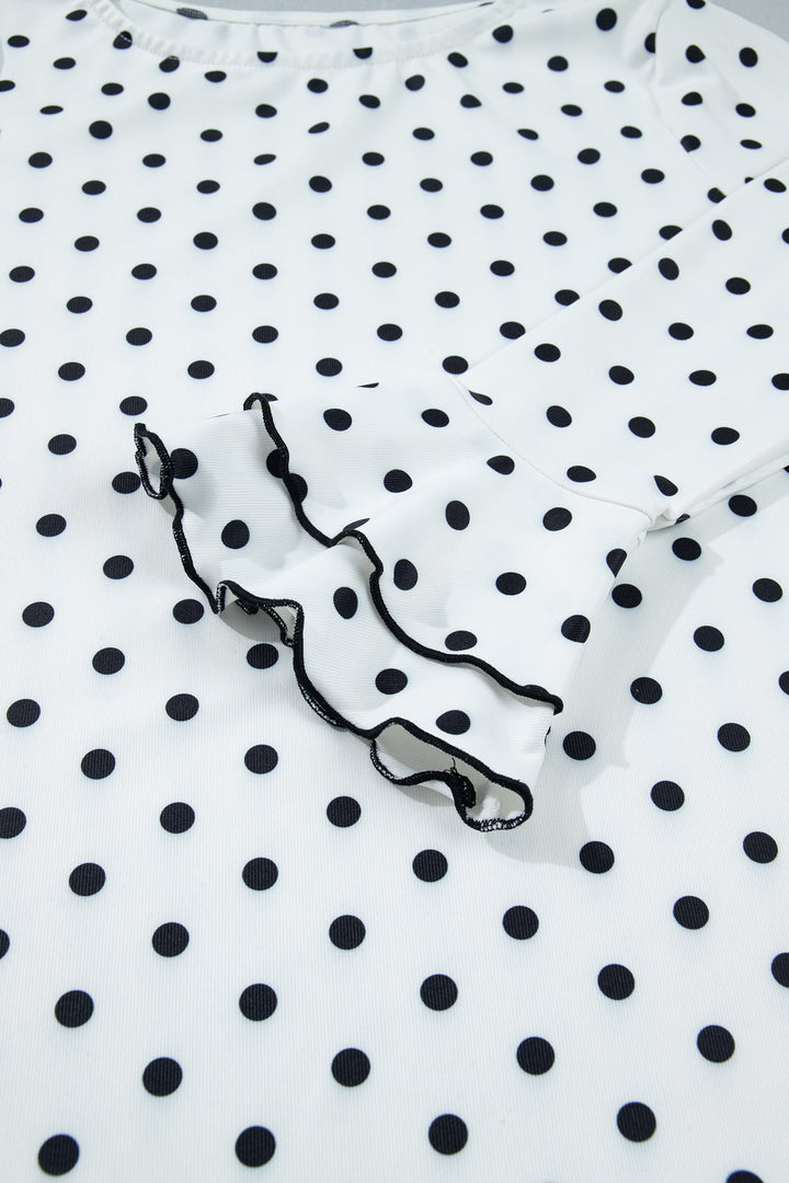 Black Polka Dot Print Lettuce Trim Long Sleeve Top