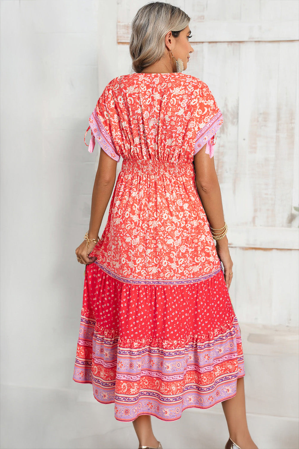 Floral Print Tasseled Tied Sleeve Empire Waist Maxi Dress