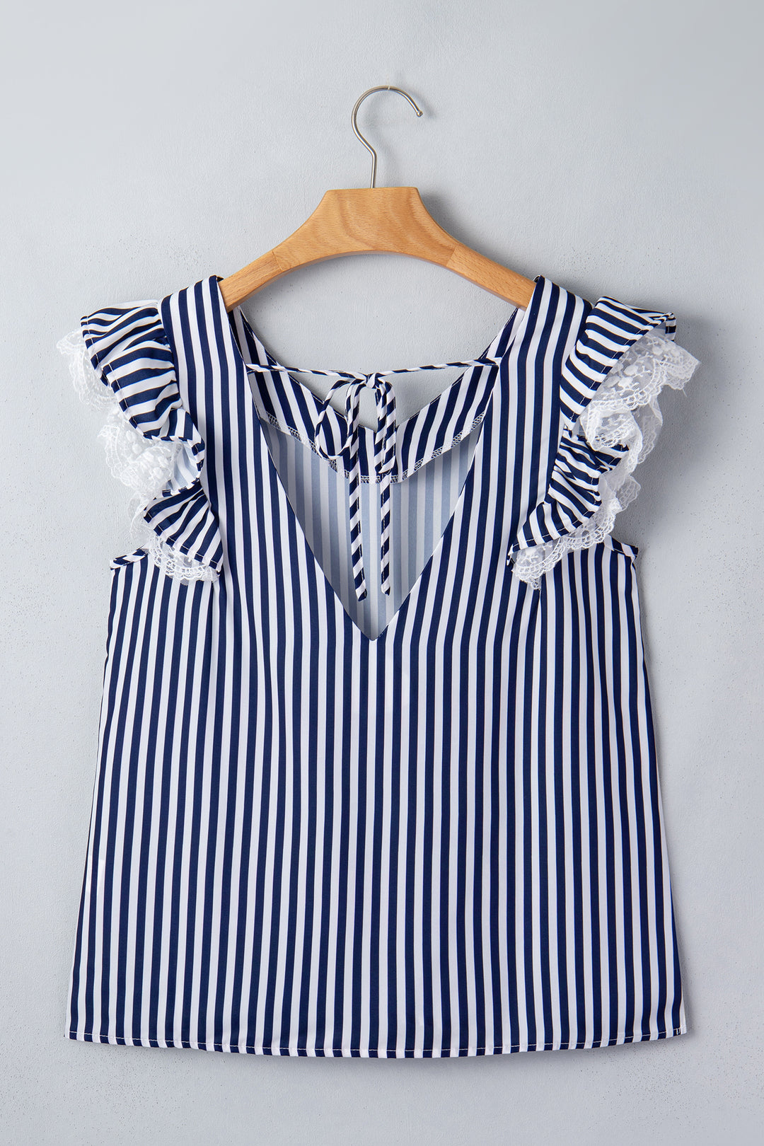 Blue Stripe V Neck Lace Contrast Ruffle Trim Tank Top
