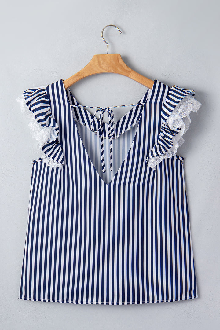 Blue Stripe V Neck Lace Contrast Ruffle Trim Tank Top