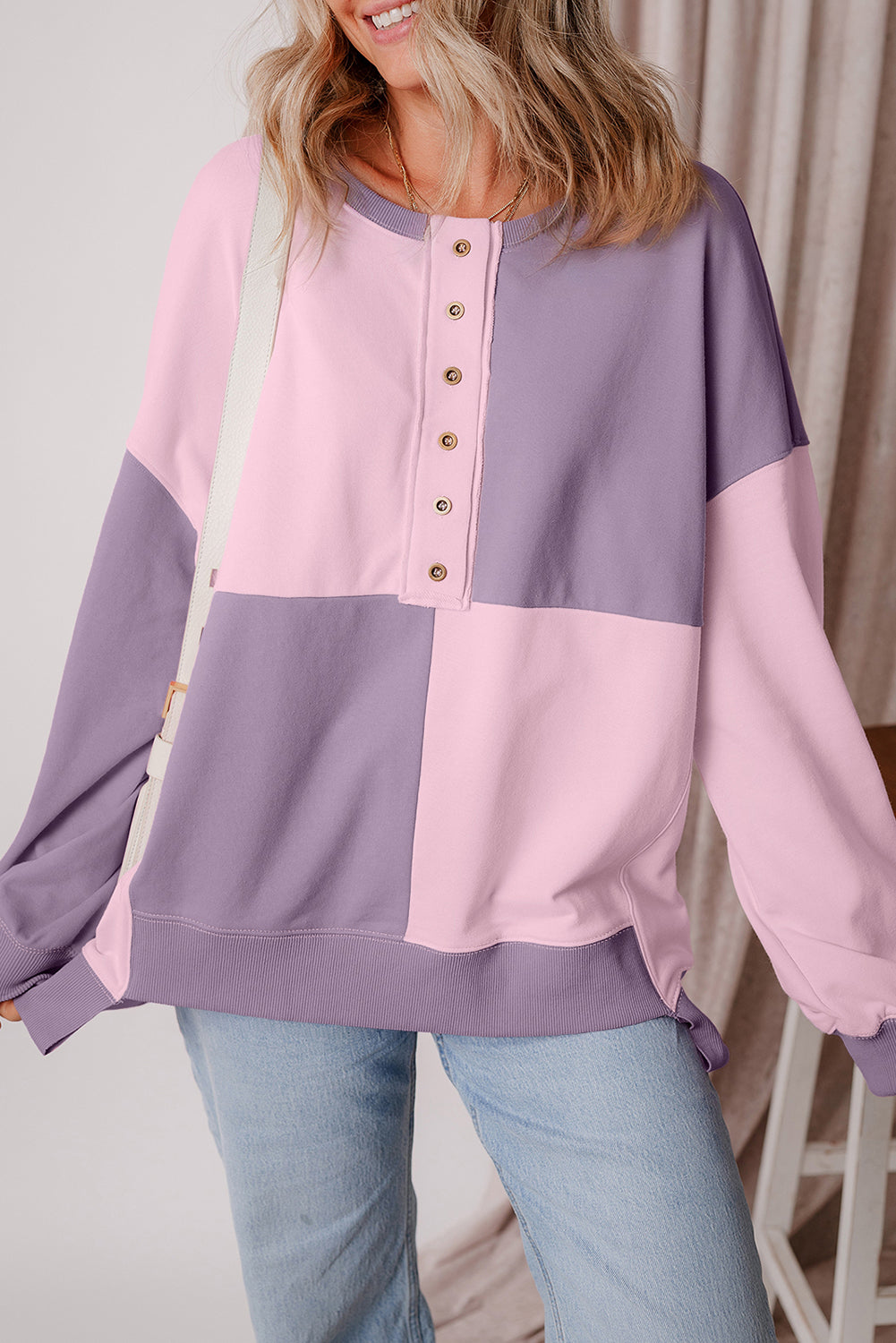 Colorblock Henley High Low Oversize Sweatshirt
