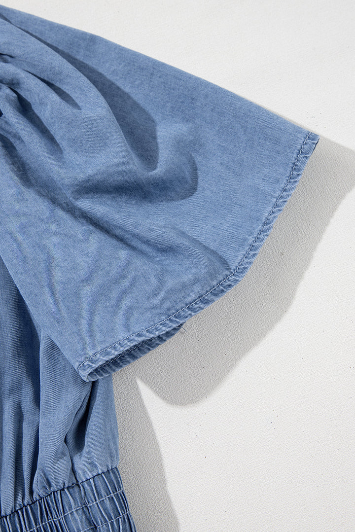 Ruffled V Neck Smocked High Waist Denim Mini Dress
