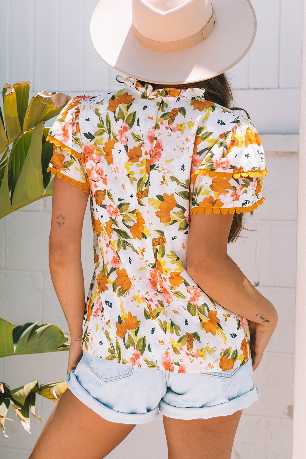 Ruffled V Neck Scalloped Short Sleeve Floral Blouse