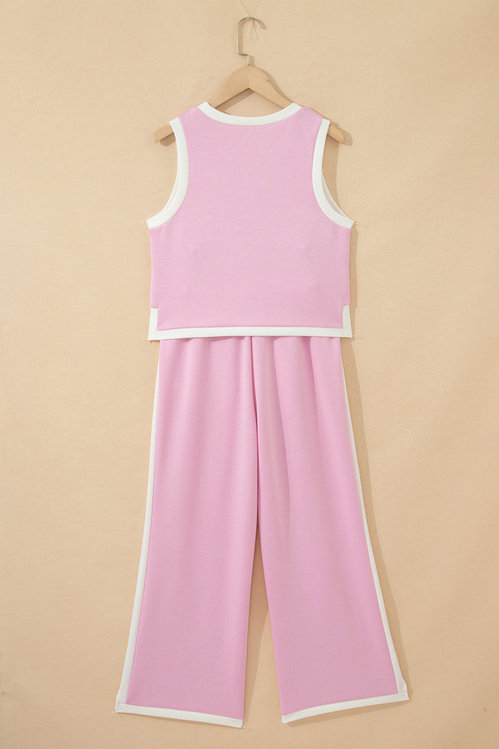 Pink Colorblock Trim Cropped Tank Elastic Waist Shift Pants 2pcs Set