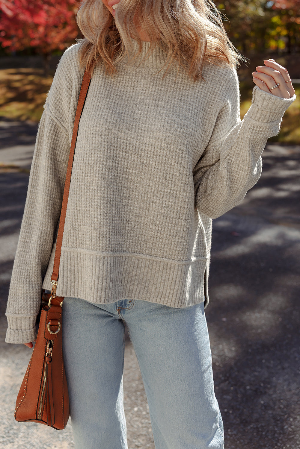 Waffle Texture Knit Ribbed High Neck Drop Shoulder Sweater
