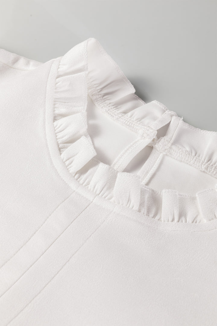 White Frilled Round Neck Short Puff Sleeve Shift Mini Dress