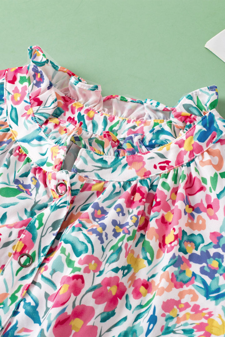 Floral Print Button Split Neck Puff Sleeve Blouse