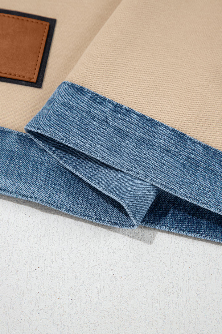 Parchment Denim Color Block Patchwork Round Neck Tee