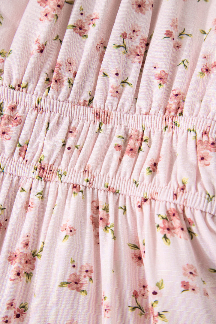 Front Tie Shirred Waist Short Sleeve Ruffled Floral Mini Dress