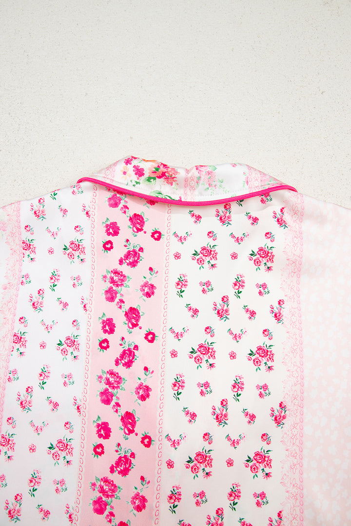 Pink Mixed Floral Print Contrast Piping Trim Satin Tie 2pcs Pajama Set