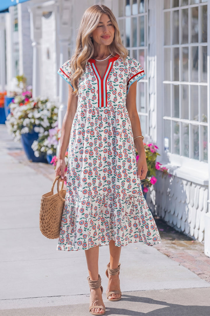 Red Cute Sunflower Printed Striped Trim Flutter Sleeve Long Dress