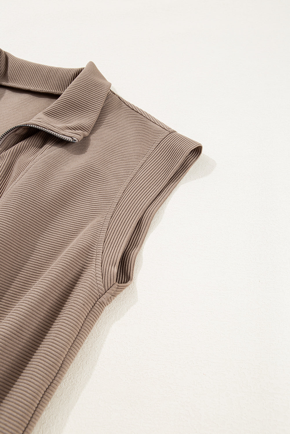 Dark Khaki Textured Short Sleeve Half Zip Drawstring Elastic Waistband Romper