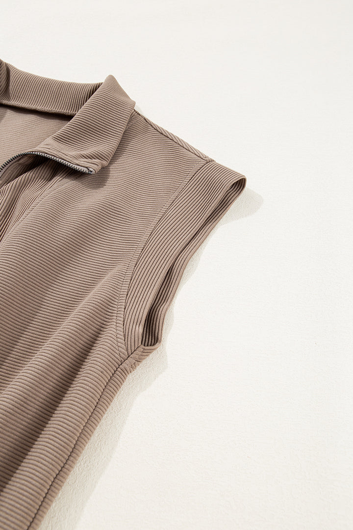 Dark Khaki Textured Short Sleeve Half Zip Drawstring Elastic Waistband Romper