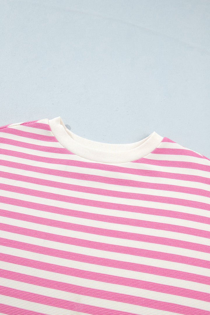 Pink Striped Long Sleeve Crew Neck Drawstring Waist Shorts Set