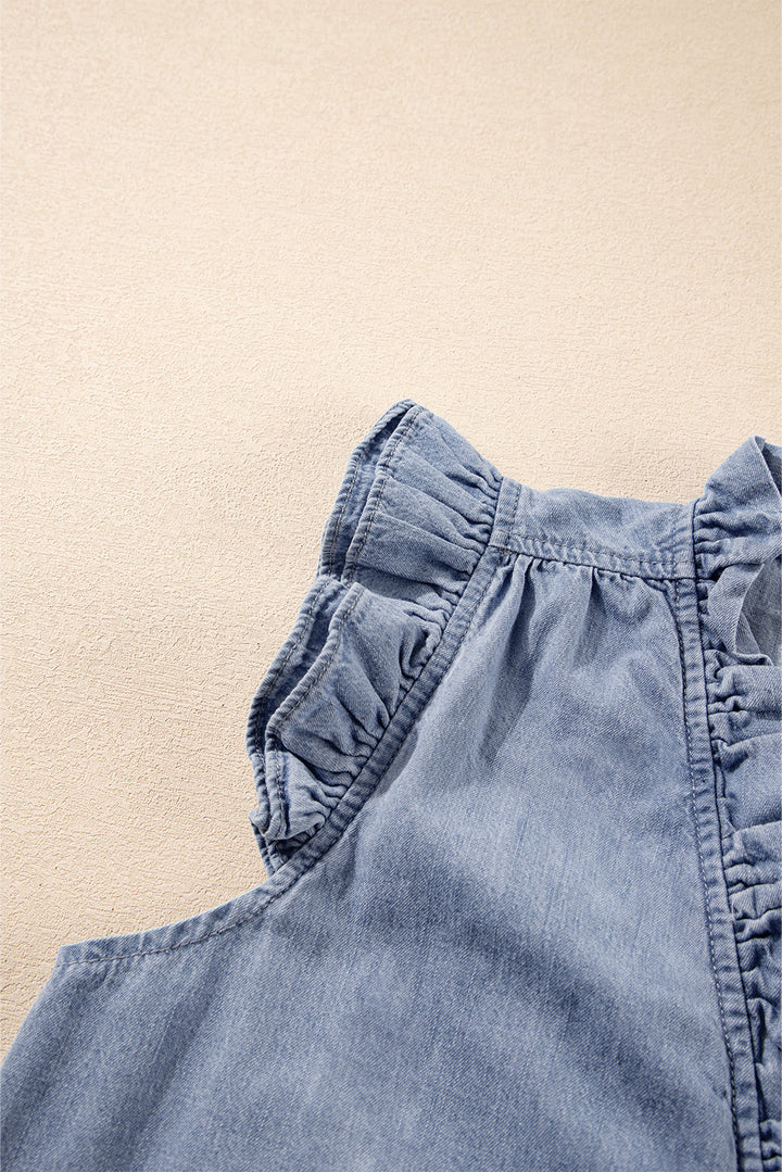 Frilly Ruffle Trim V Neck Chambray Tank Top
