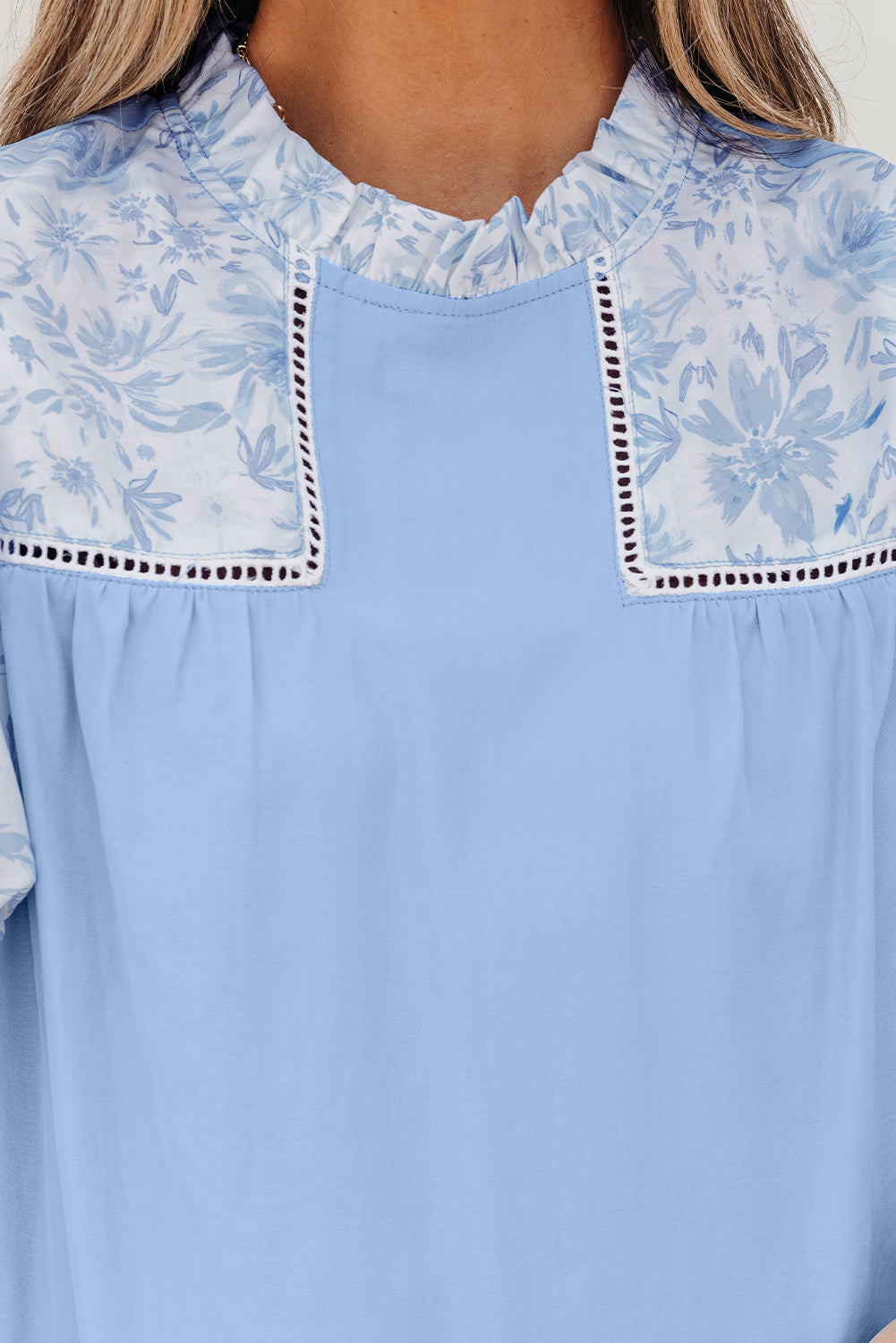 lace insert floral puff sleeve patchwork loose blouse