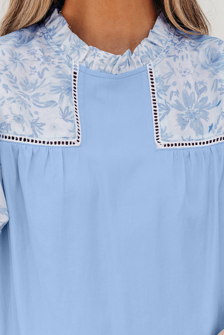 lace insert floral puff sleeve patchwork loose blouse