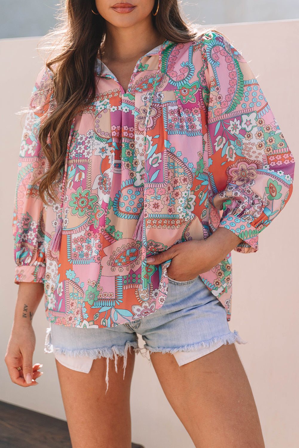 Boho Floral Bubble Sleeve Tassel Tied Neck Pleated Blouse