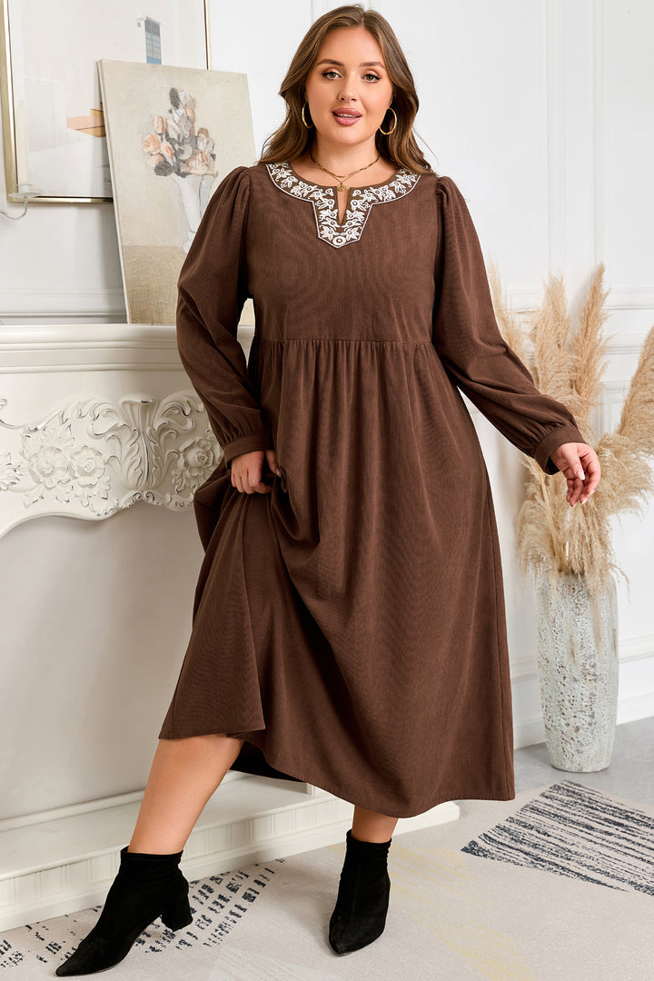 Coffee Embroidered Notched Neckline Pleated High Waist Plus Size Midi Dress