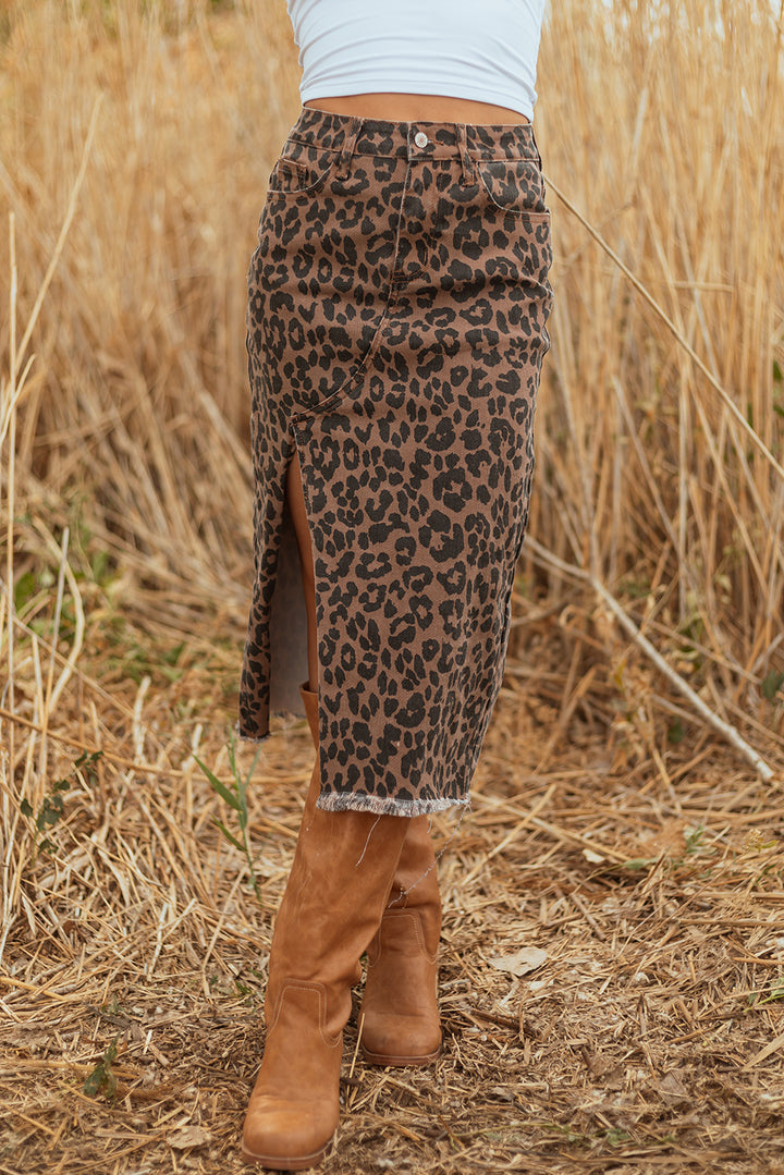 Brown Leopard Print Frayed Edge Denim Skirt Long Casual Daily Wear