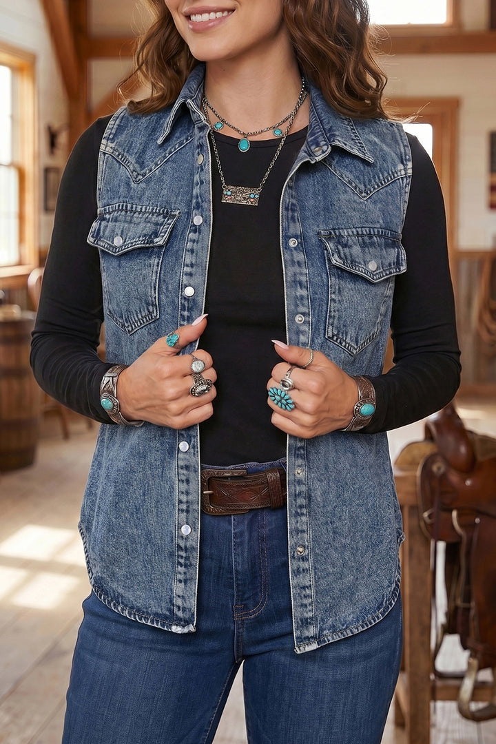 Ashleigh Blue Solid Denim Button Front Pocket Cowboy Vest