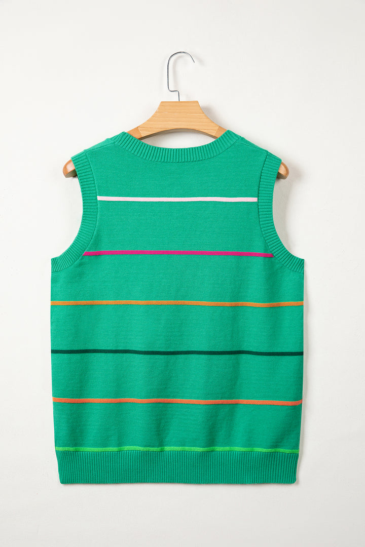 Green Stripe Round Neck Knitted Sweater Tank
