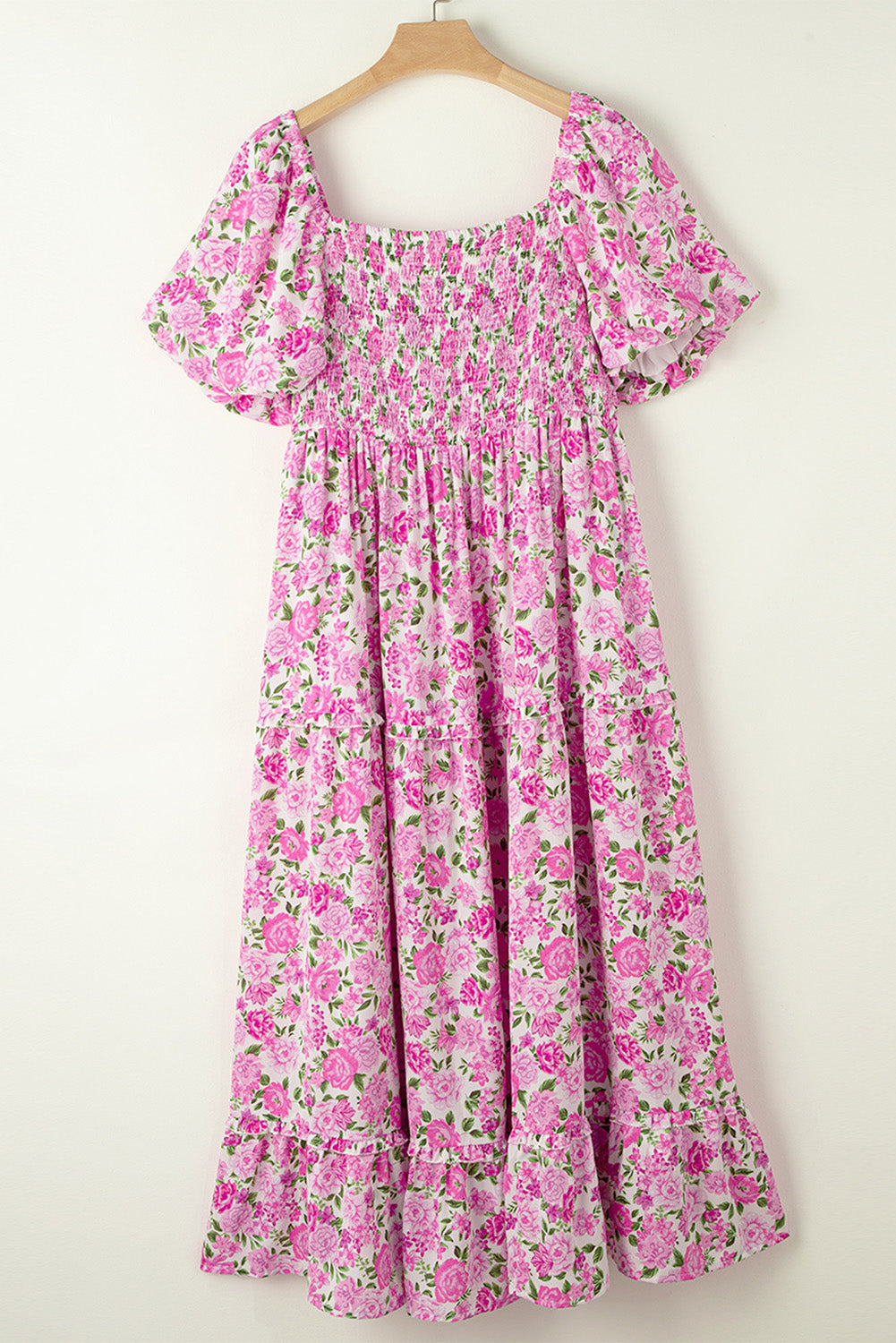 Plus Size Floral Print Smocked Puff Sleeve Dress