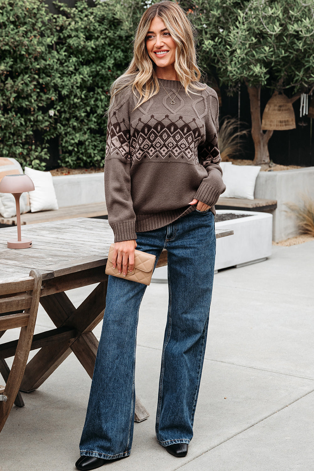 Western Geometric Patterned Crew Neck Knitted Sweater