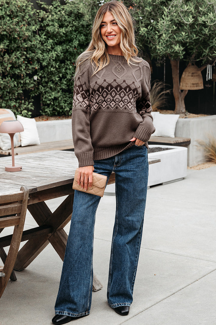 Western Geometric Patterned Crew Neck Knitted Sweater
