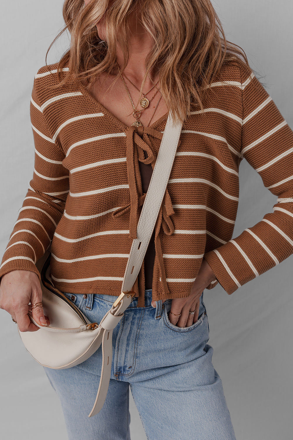 Tie Front Striped Knit V Neck Cardigan Sweater