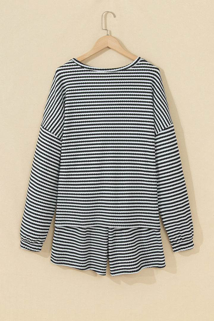 Black Stripe Textured Knit Long Sleeve Top Elastic Waist Shorts Casual Outfit