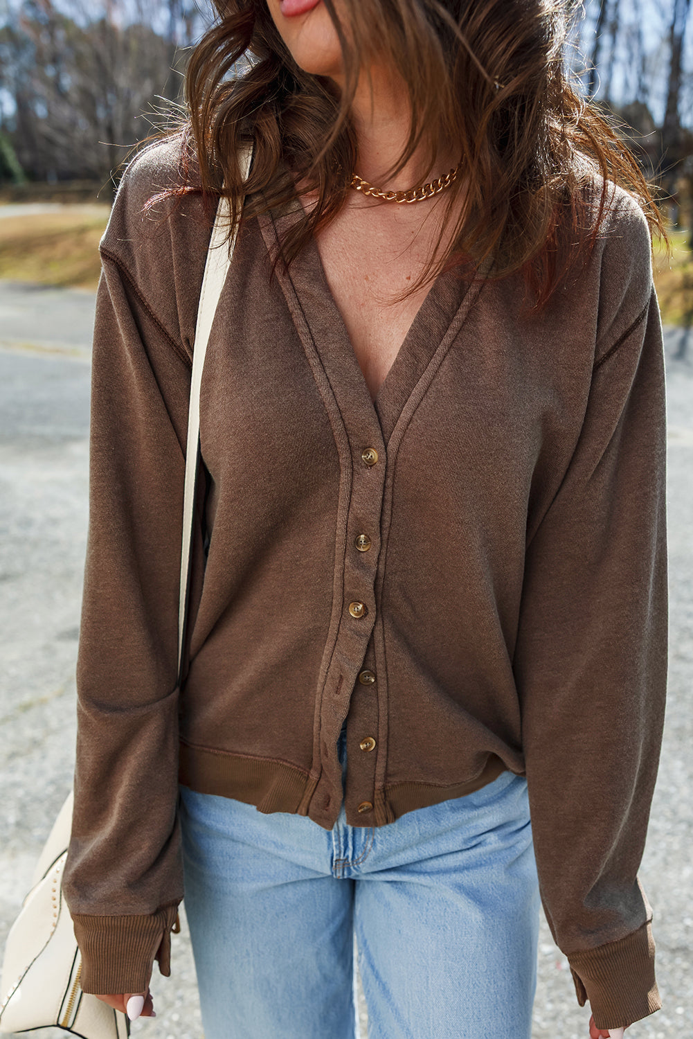 Button Front V Neck Casual Cardigan