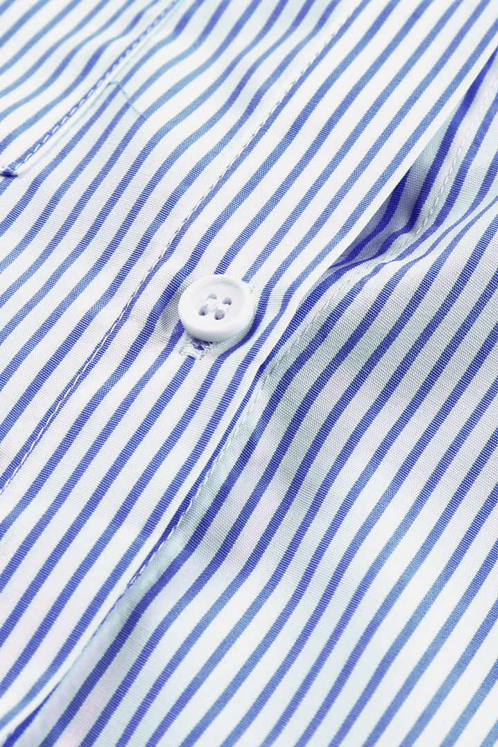 Blue Stripe Smocked Cuffed Striped Boyfriend Shirt with Pocket