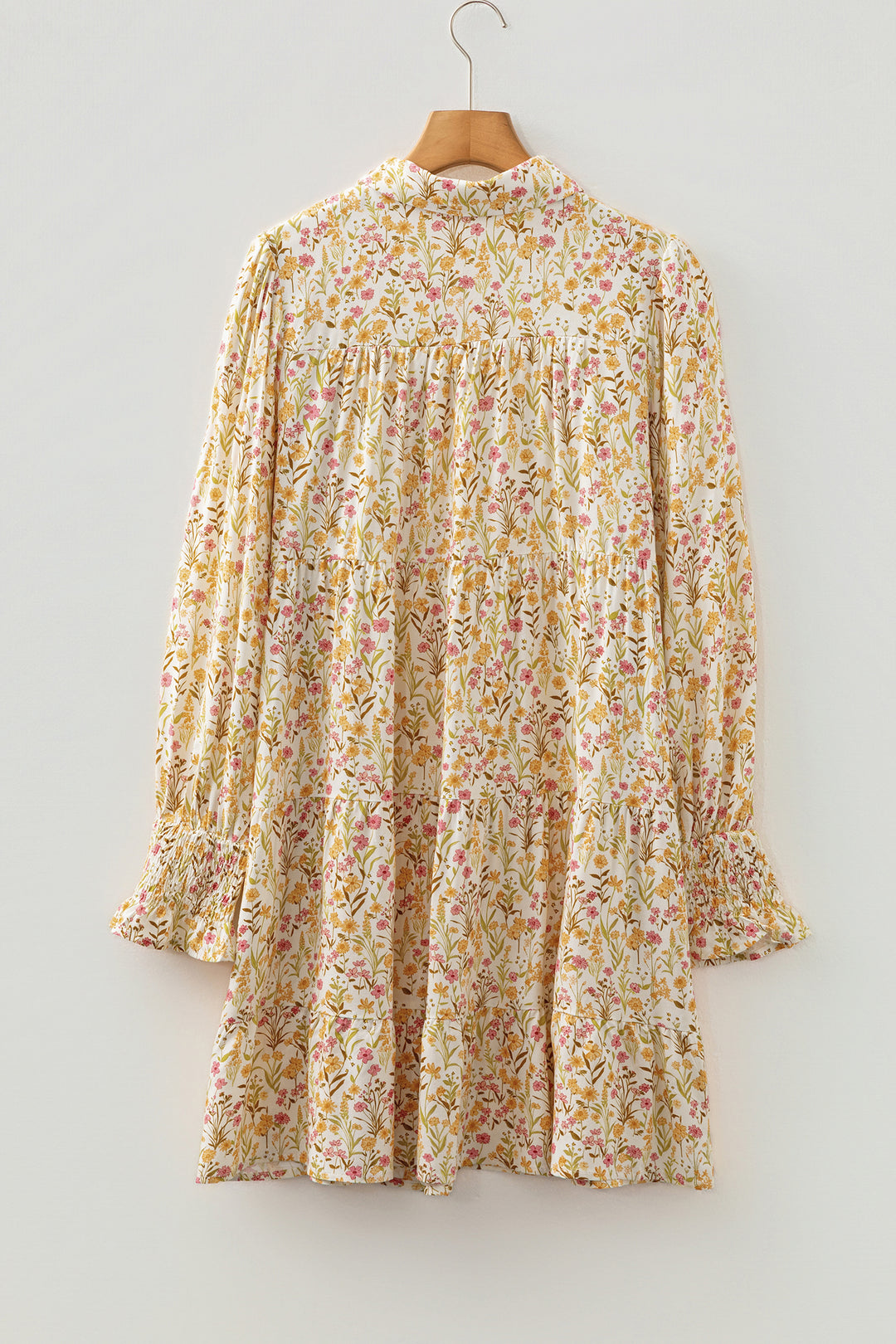 Floral Print Frilly Trim Smocked Cuff Long Sleeve Loose Shirt Dress