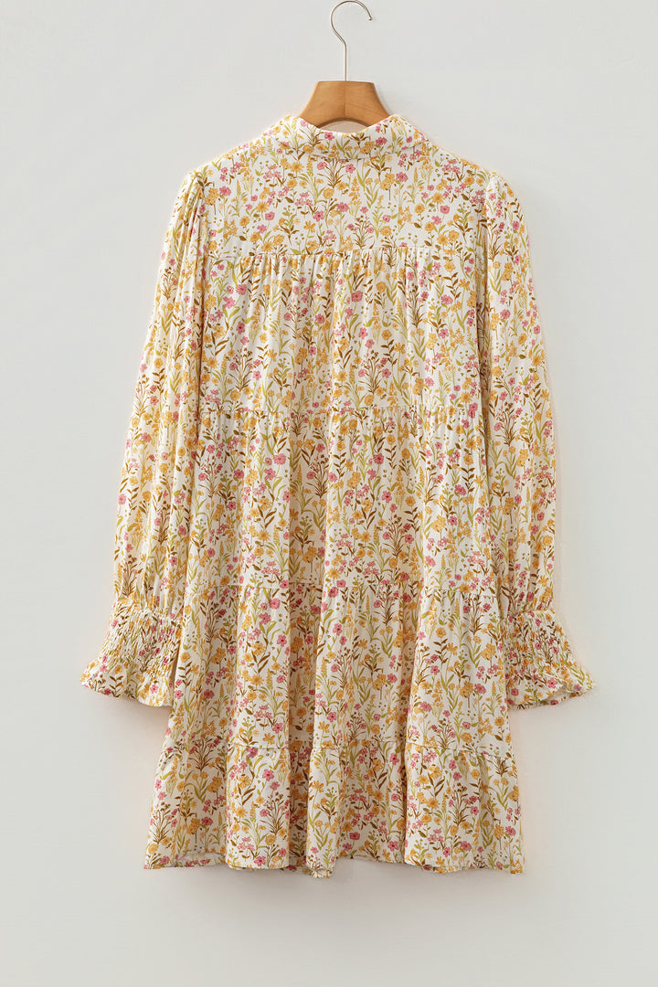 Floral Print Frilly Trim Smocked Cuff Long Sleeve Loose Shirt Dress