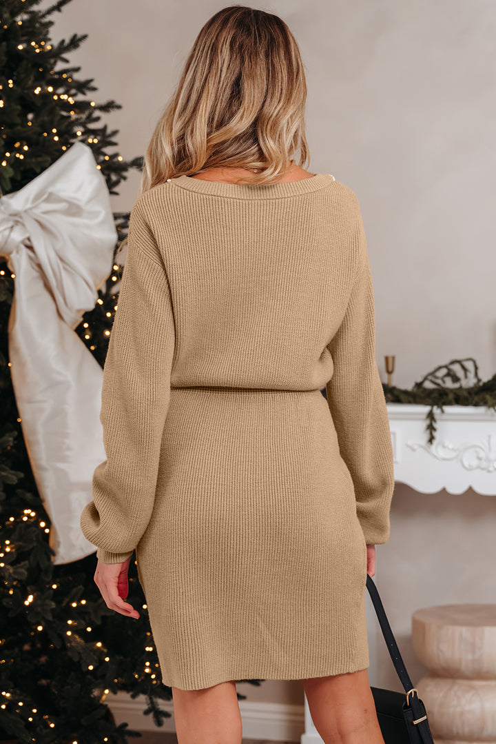 Pearl Embellished Keyhole Ribbed Sweater Dress