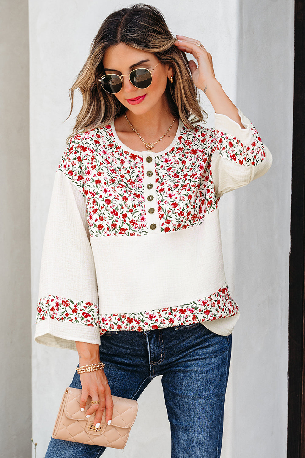 Floral Print Gauze Patchwork Henley Button 3/4 Sleeve Blouse