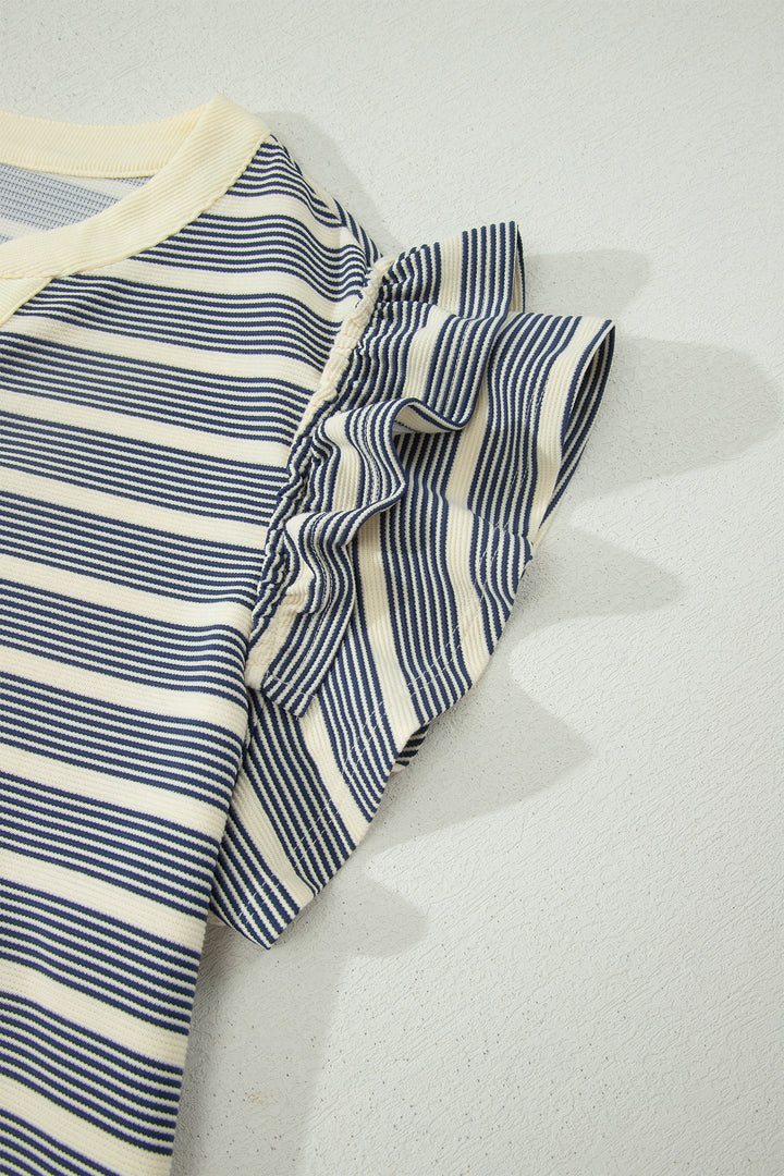 Blue Stripe Plus Size V Neck Ruffle Sleeve Shift Dress