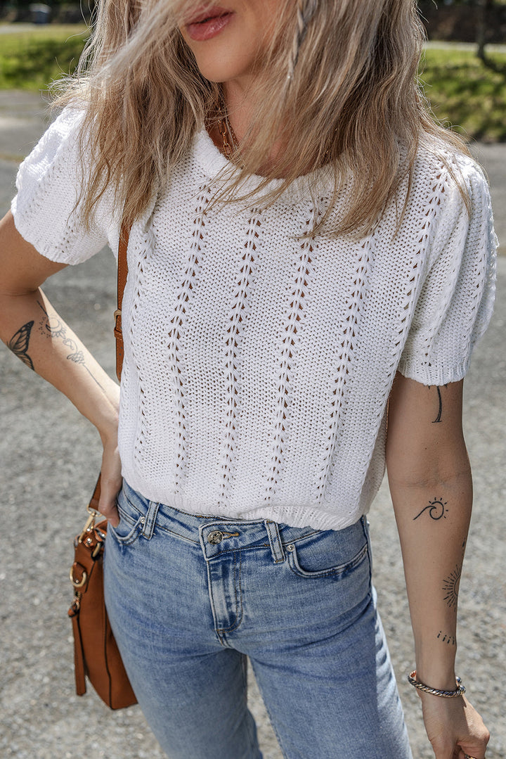 Pointelle Knit Short Puff Sleeve Crewneck Sweater