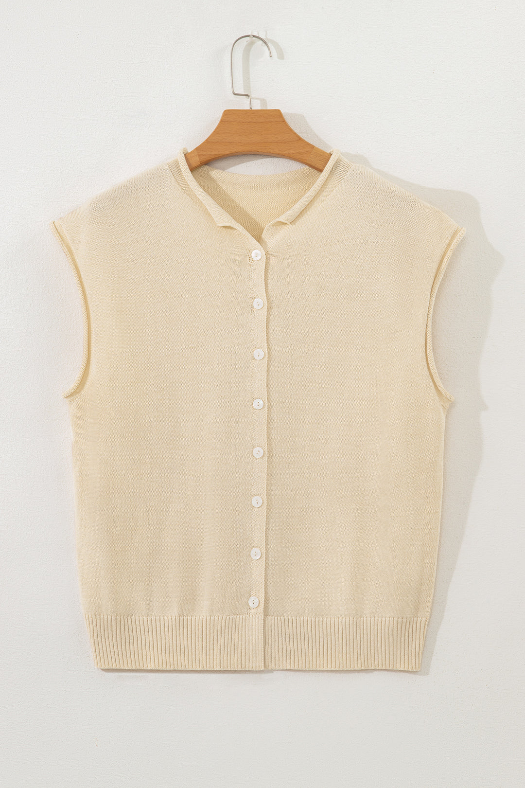 Buttoned Front Rolled Hem Cap Sleeve Sweater Top