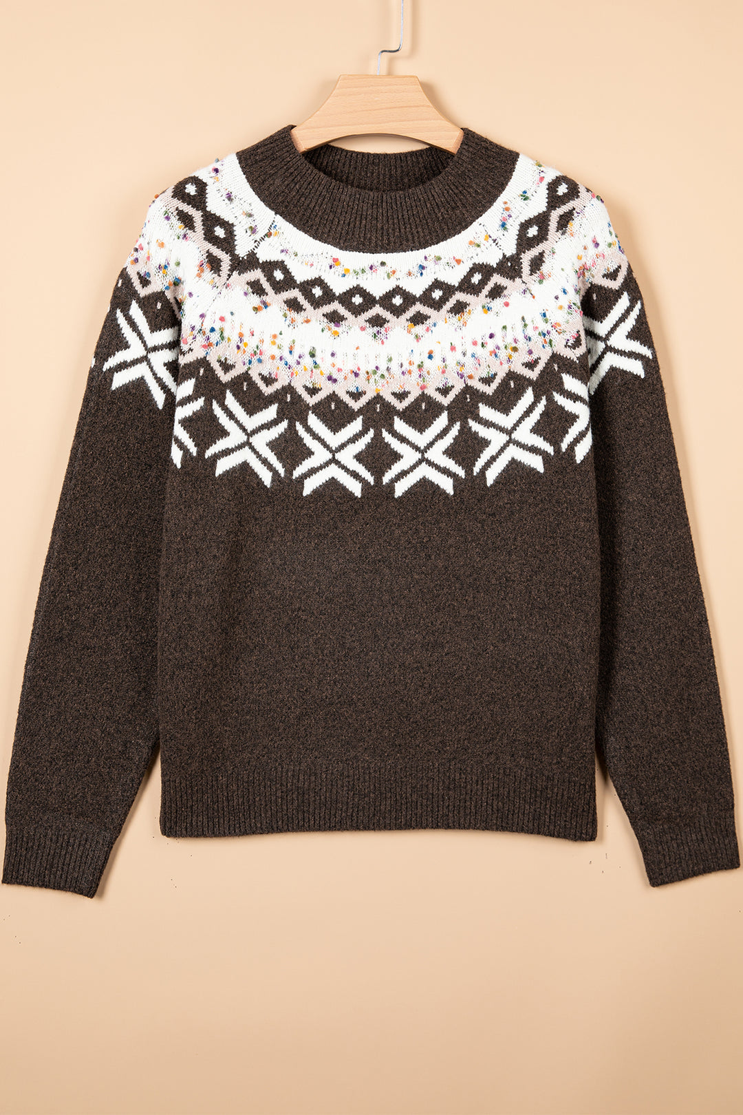 Chicory Coffee Christmas Theme Geometric Pattern Knit Round Neck Shift Sweater